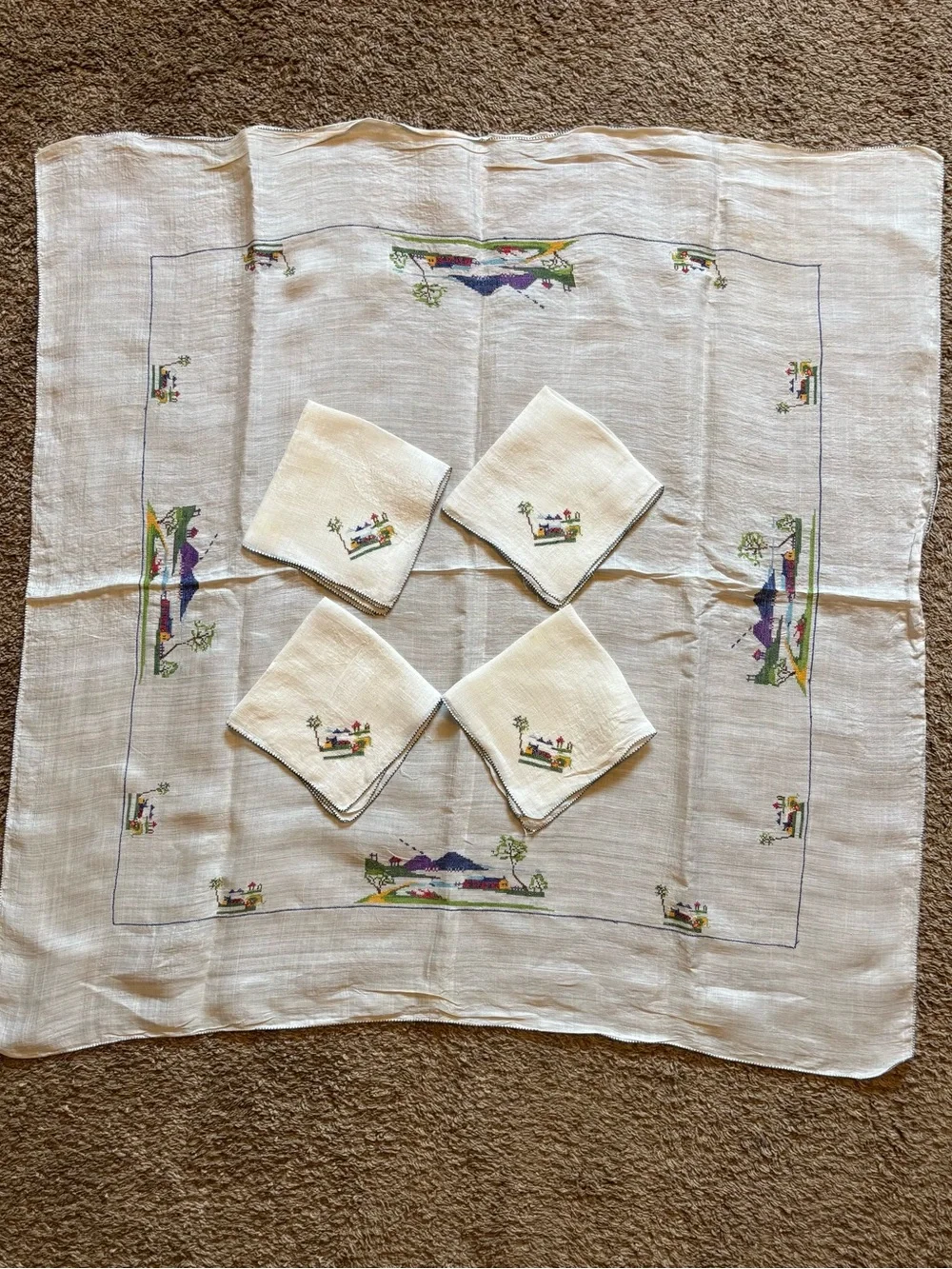 Embroidered White Linen Tablecloth and Napkin Set - Pastel Scenic Motif